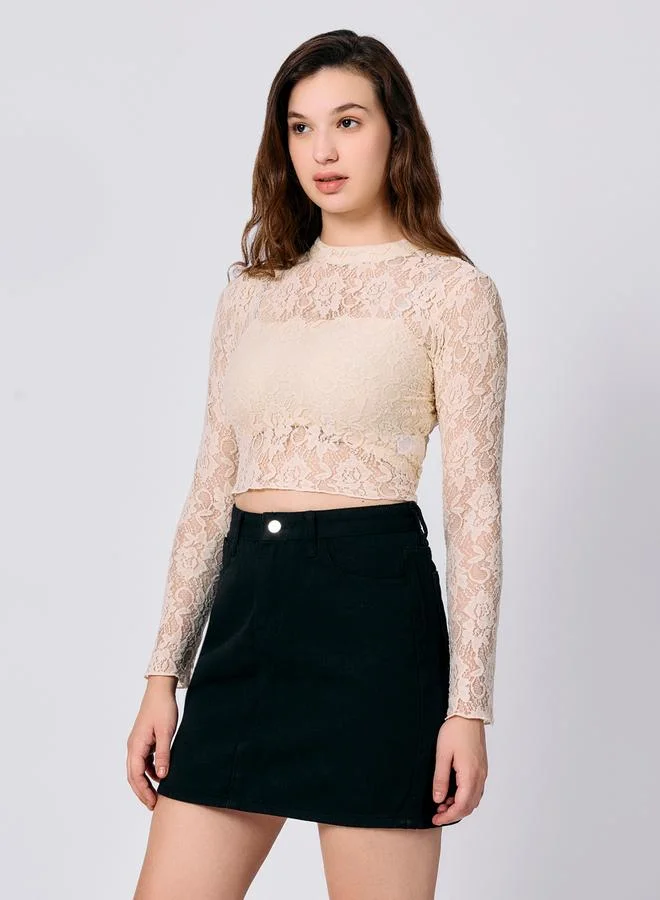 أوجيدر بلوزة قصيرة دانتيل بيج بقصة ضيقة